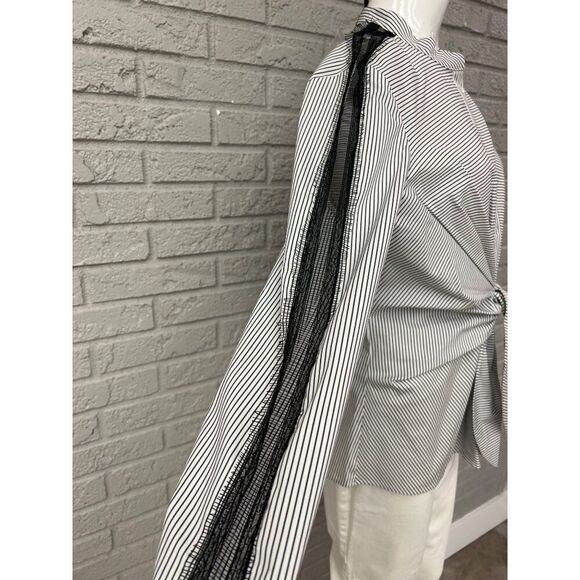 Worthington Women Black White Striped Long Sleeve Front Tie Shirt Size M - Picture 7 of 9